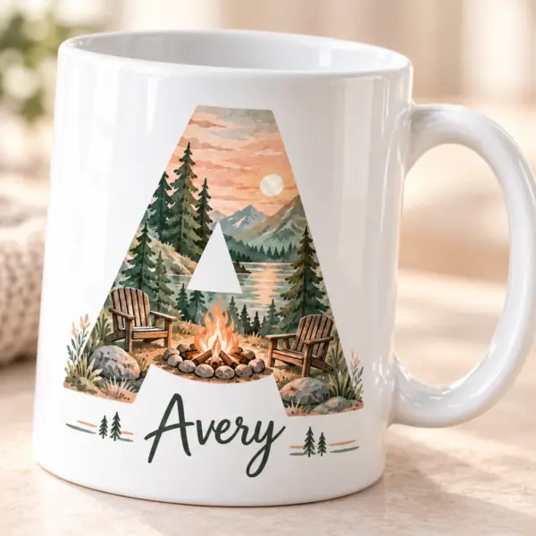 Dad Campfire Initial Personalized Mug — detail illustrative mockup