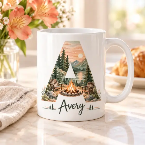 Dad Campfire Initial Personalized Mug — lifestyle illustrative mockup