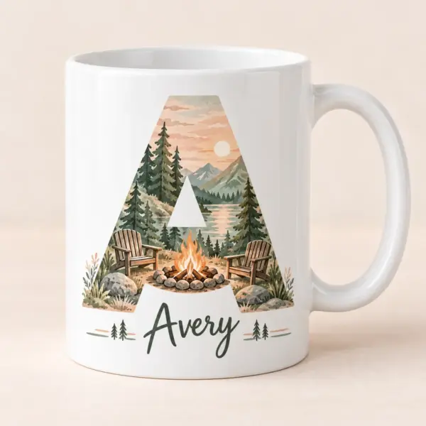 Dad Campfire Initial Personalized Mug — main illustrative mockup