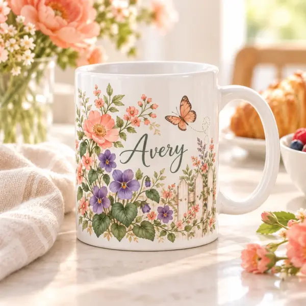 Grandma Violet Garden Personalized Mug — lifestyle illustrative mockup