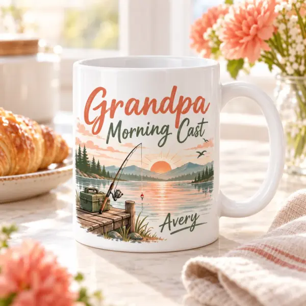 Grandpa Morning Cast Personalized Mug — lifestyle illustrative mockup