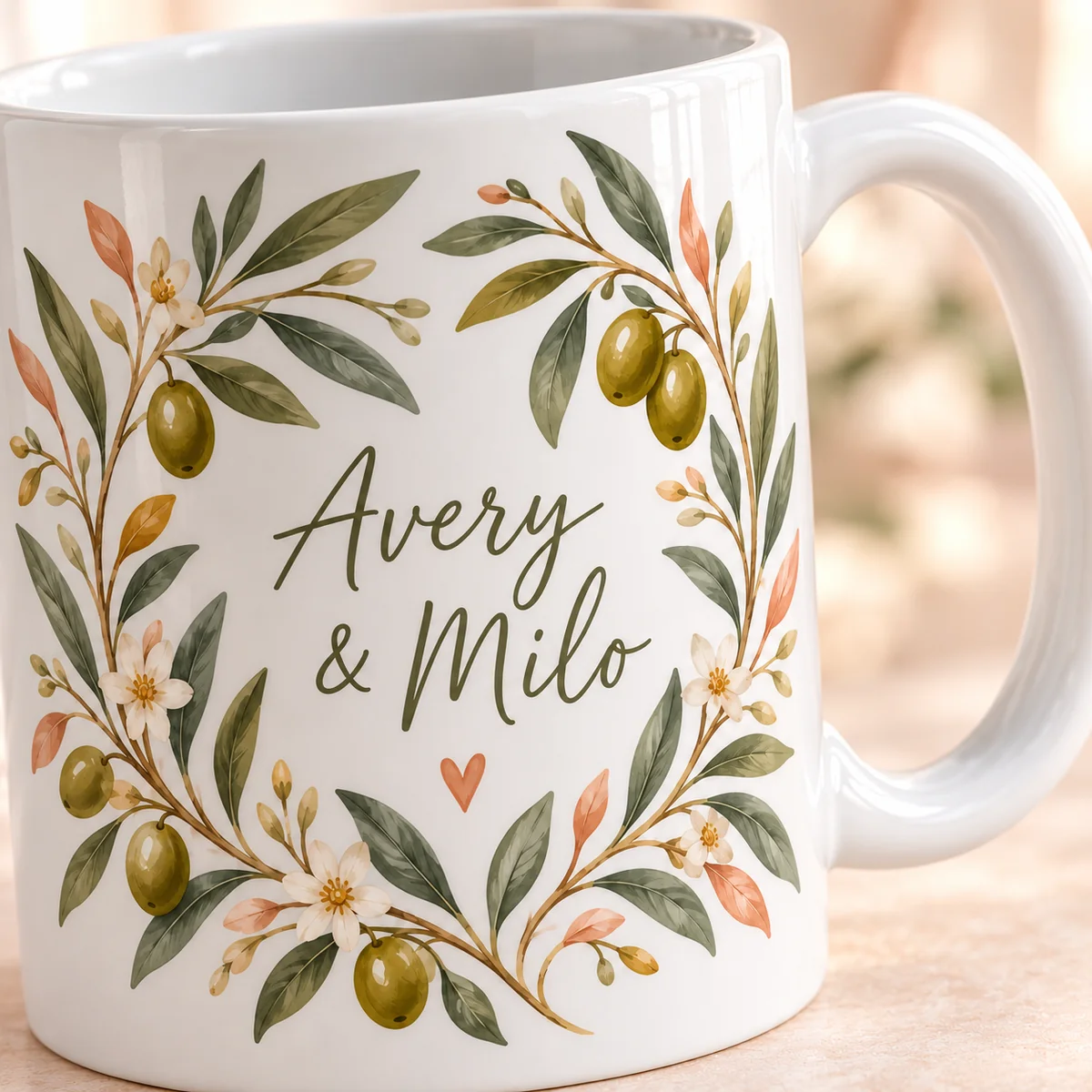 Couple Olive Branch Personalized Mug — detail illustrative mockup