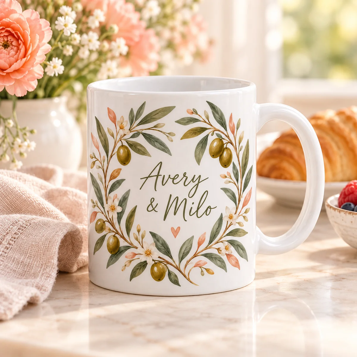 Couple Olive Branch Personalized Mug — lifestyle illustrative mockup