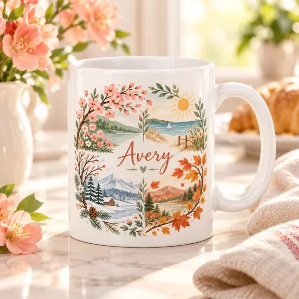 Family Four Seasons Personalized Mug — lifestyle illustrative mockup