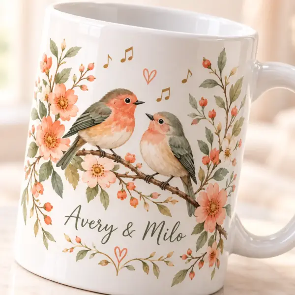 Anniversary Birdsong Personalized Mug — detail illustrative mockup