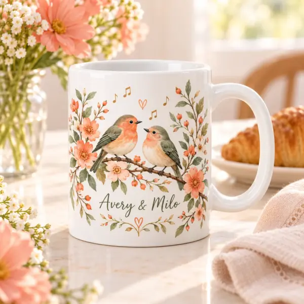Anniversary Birdsong Personalized Mug — lifestyle illustrative mockup