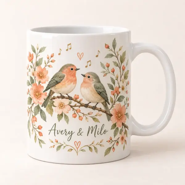 Anniversary Birdsong Personalized Mug — main illustrative mockup
