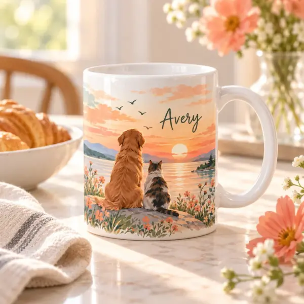 Pet Memory Sunrise Personalized Mug — lifestyle illustrative mockup