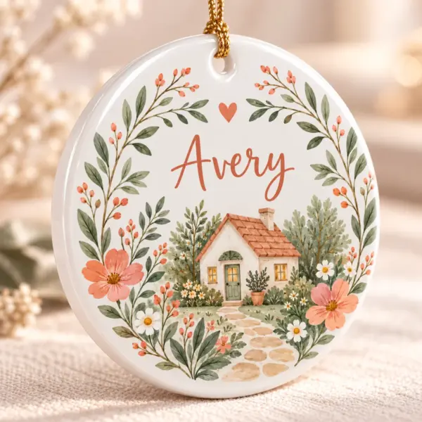 Family Cottage Name Personalized Round Ornament — detail illustrative mockup