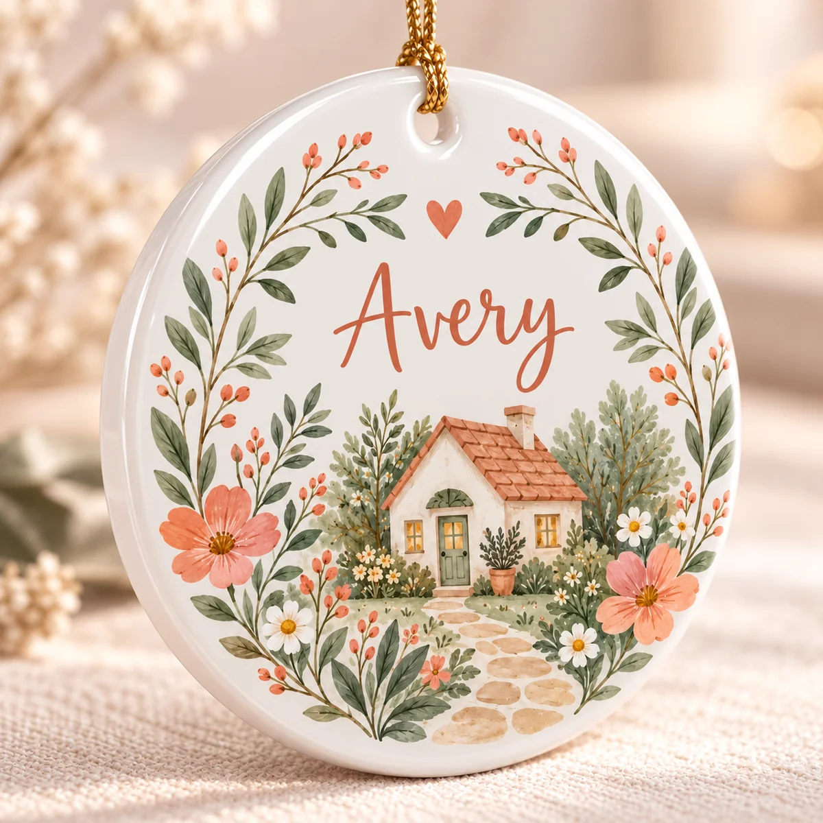 Family Cottage Name Personalized Round Ornament — detail illustrative mockup