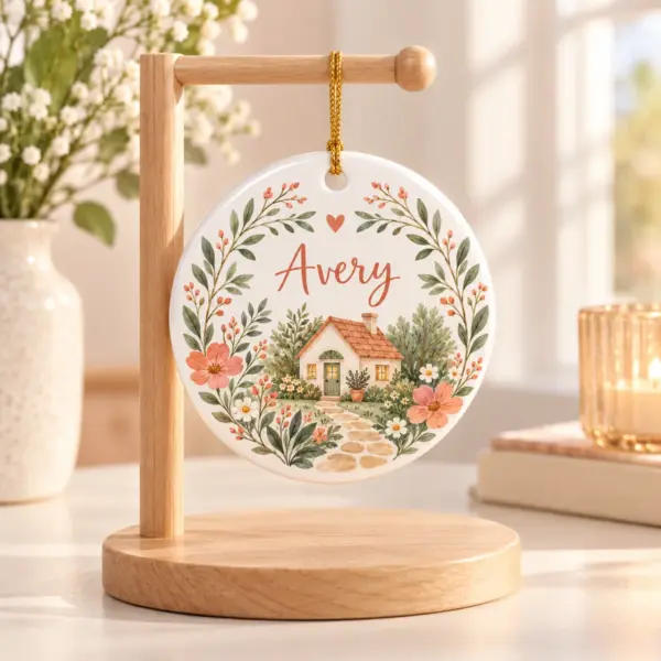 Family Cottage Name Personalized Round Ornament — lifestyle illustrative mockup