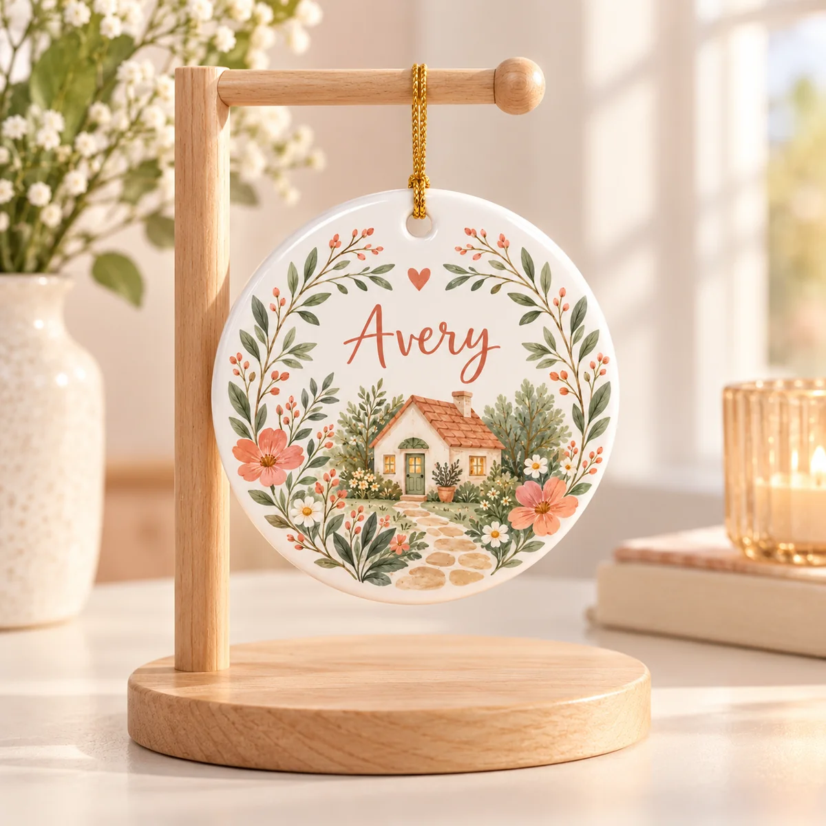 Family Cottage Name Personalized Round Ornament — lifestyle illustrative mockup