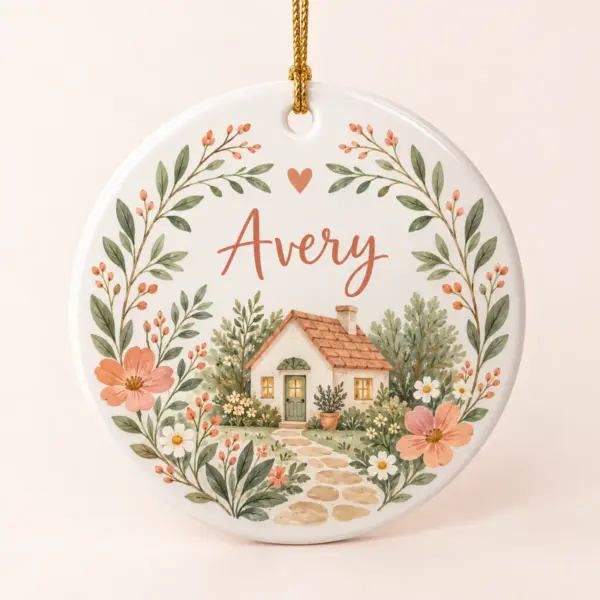 Family Cottage Name Personalized Round Ornament — main illustrative mockup