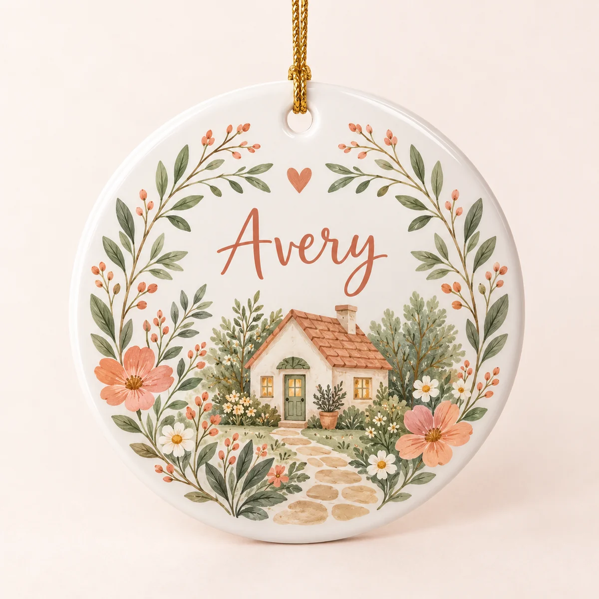 Family Cottage Name Personalized Round Ornament — main illustrative mockup
