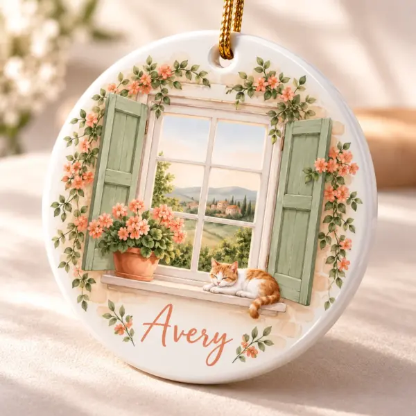 New Home Window Personalized Round Ornament — detail illustrative mockup