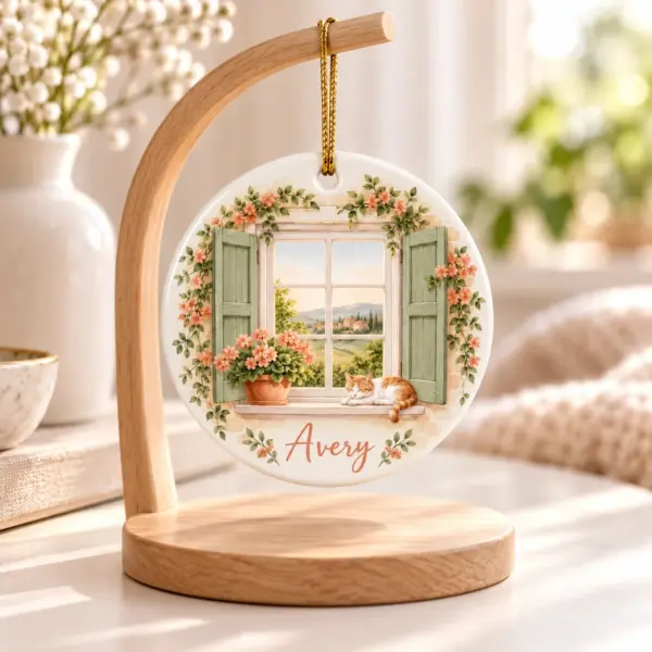 New Home Window Personalized Round Ornament — lifestyle illustrative mockup