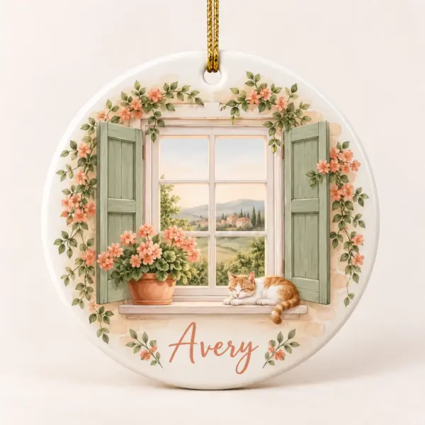 New Home Window Personalized Round Ornament — main illustrative mockup