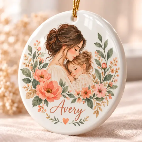 Mother Child Blooms Personalized Round Ornament — detail illustrative mockup