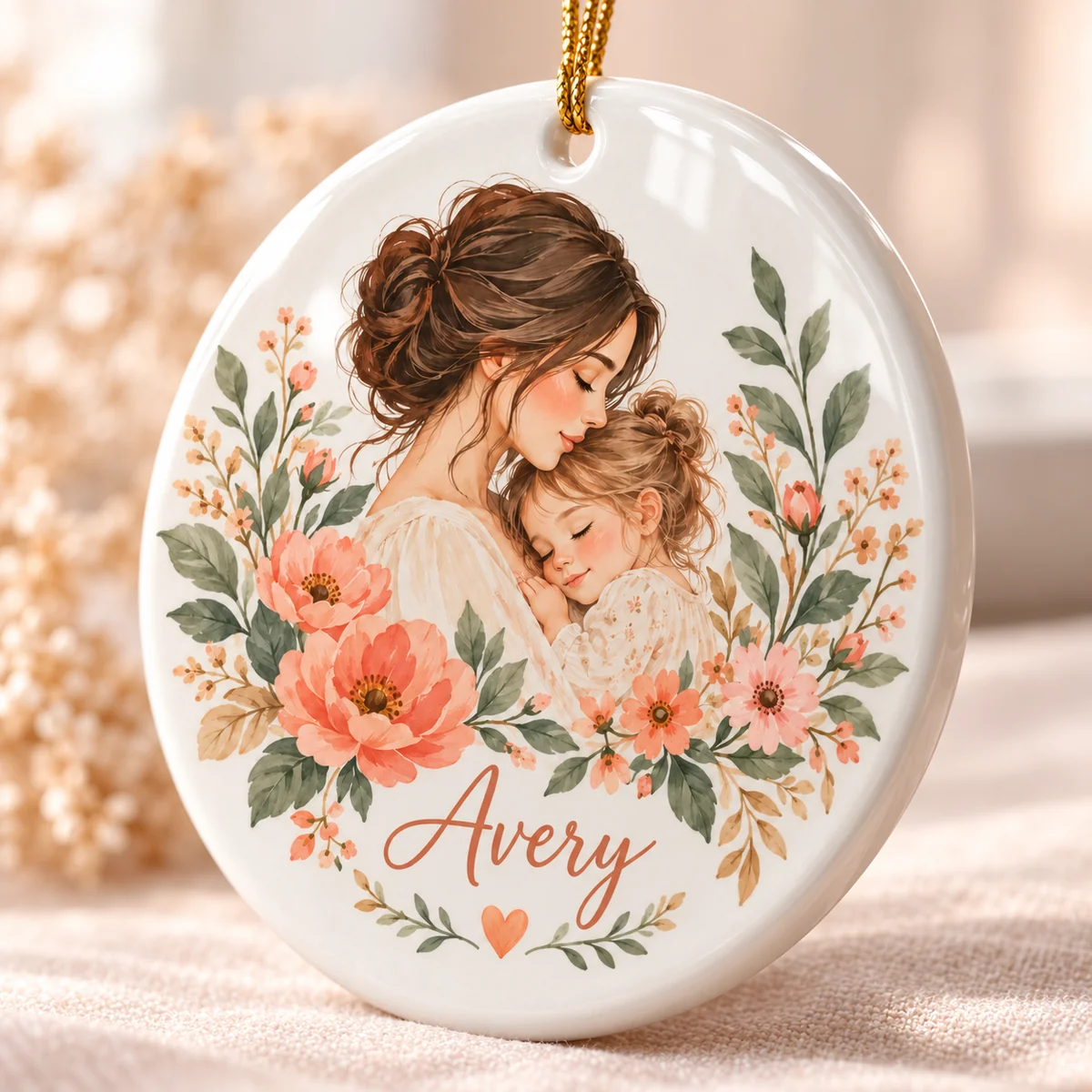 Mother Child Blooms Personalized Round Ornament — detail illustrative mockup