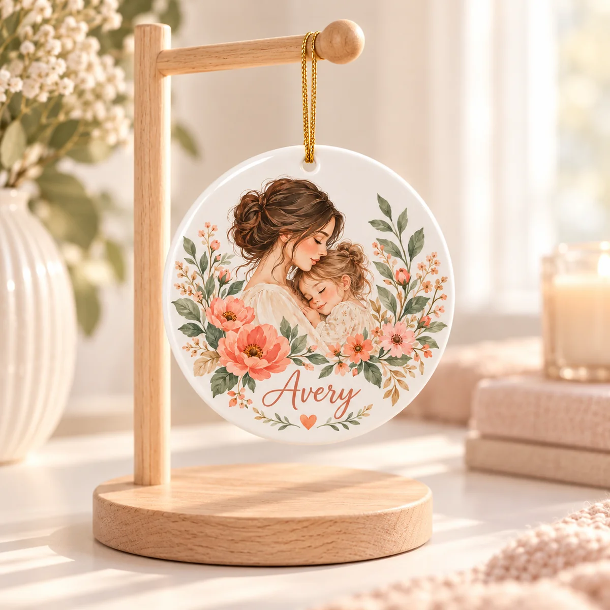 Mother Child Blooms Personalized Round Ornament — lifestyle illustrative mockup