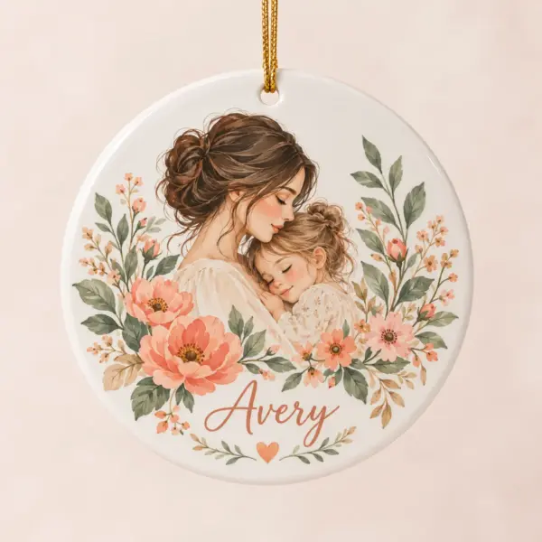 Mother Child Blooms Personalized Round Ornament — main illustrative mockup