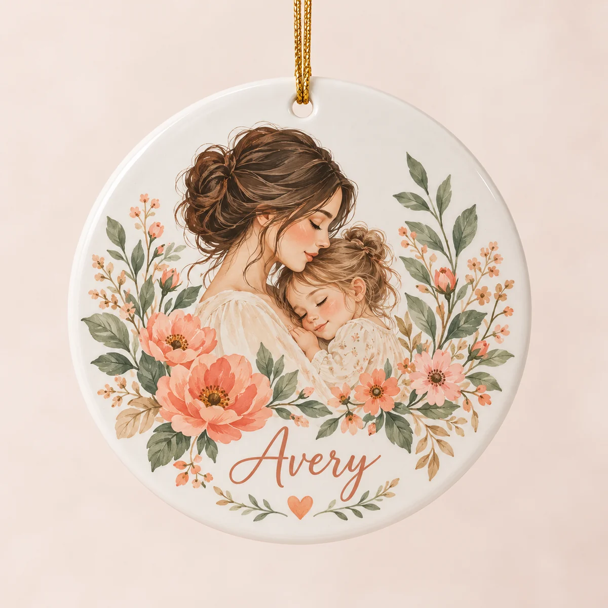 Mother Child Blooms Personalized Round Ornament — main illustrative mockup