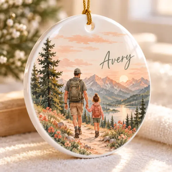 Father Child Trail Personalized Round Ornament — detail illustrative mockup