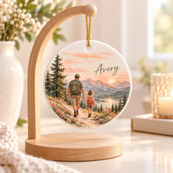 Father Child Trail Personalized Round Ornament — lifestyle illustrative mockup