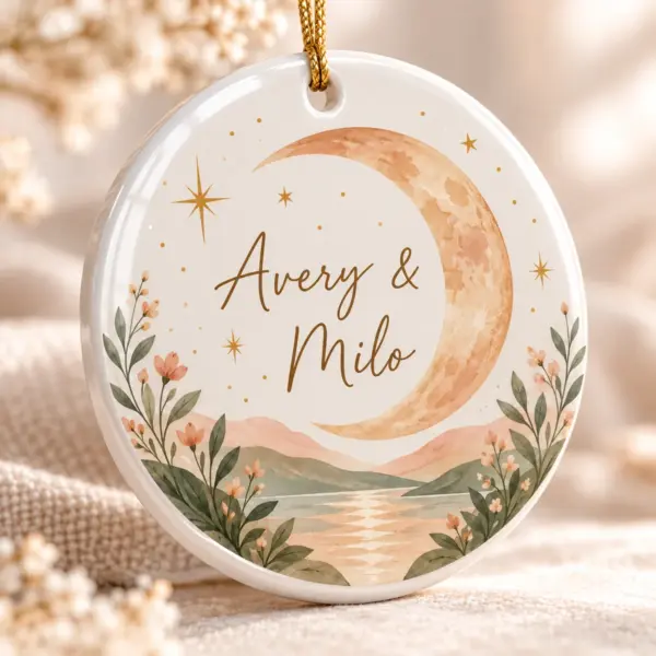 Two Names Moon Personalized Round Ornament — detail illustrative mockup