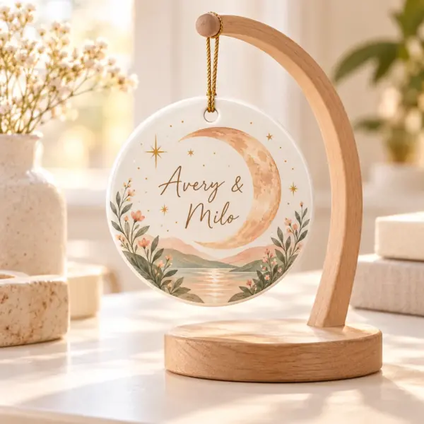 Two Names Moon Personalized Round Ornament — lifestyle illustrative mockup