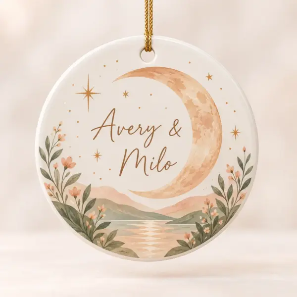 Two Names Moon Personalized Round Ornament — main illustrative mockup