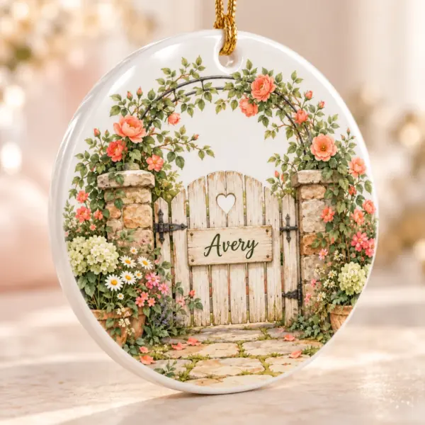 Grandparent Garden Gate Personalized Round Ornament — detail illustrative mockup