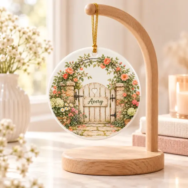 Grandparent Garden Gate Personalized Round Ornament — lifestyle illustrative mockup