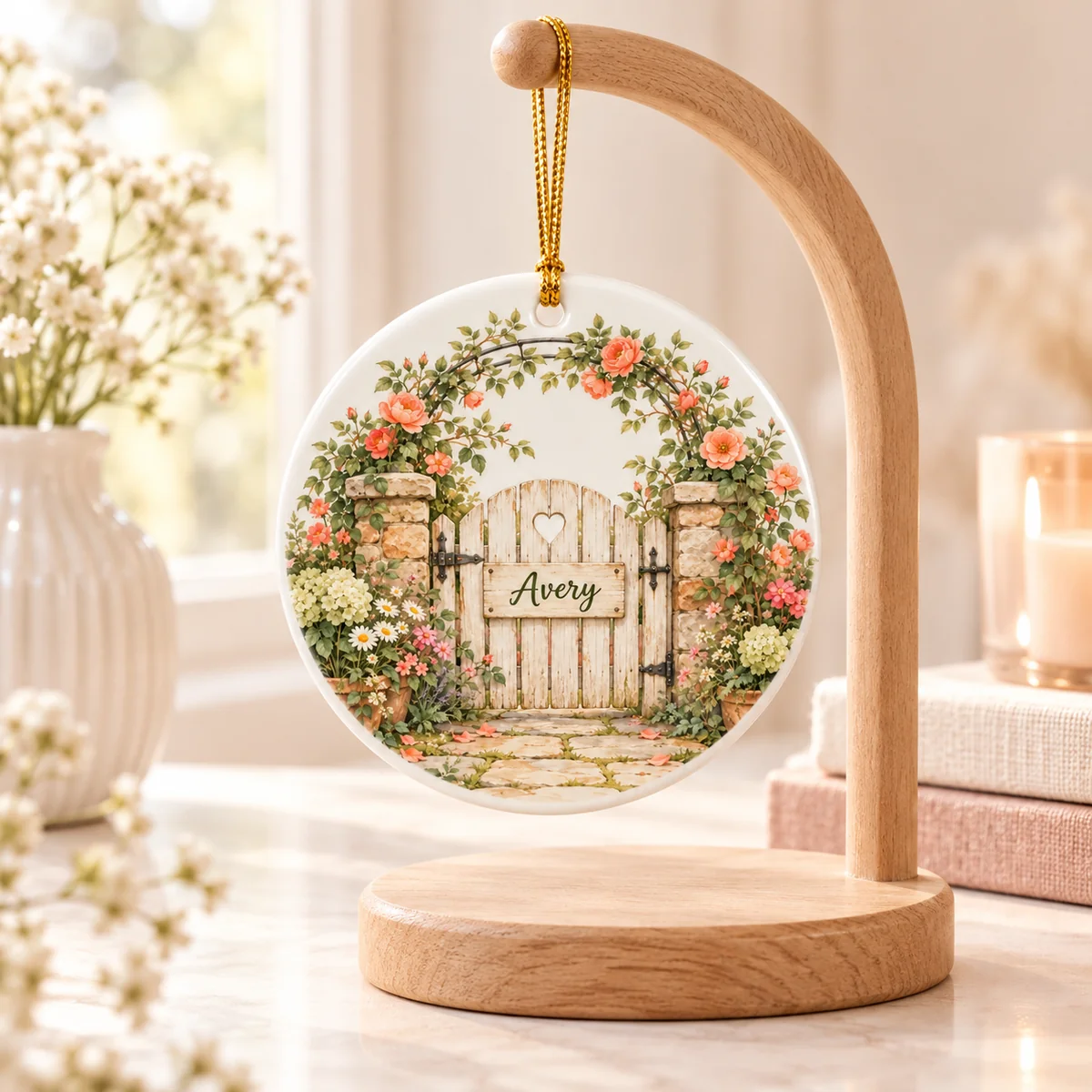 Grandparent Garden Gate Personalized Round Ornament — lifestyle illustrative mockup