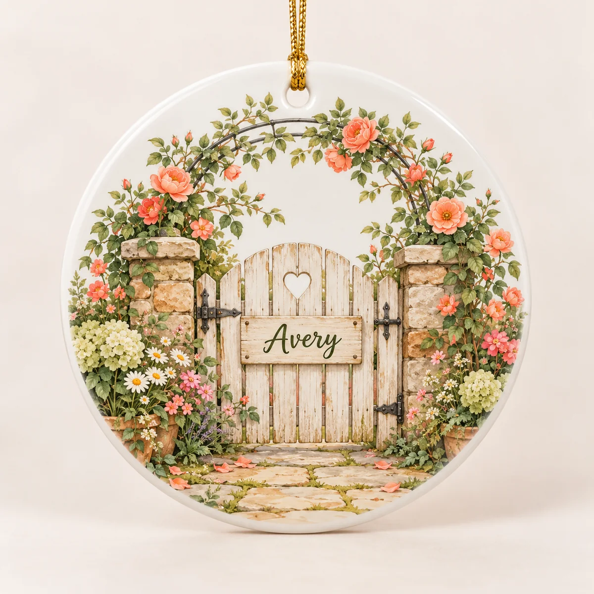 Grandparent Garden Gate Personalized Round Ornament — main illustrative mockup