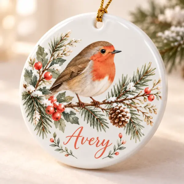 Holiday Robin Branch Personalized Round Ornament — detail illustrative mockup