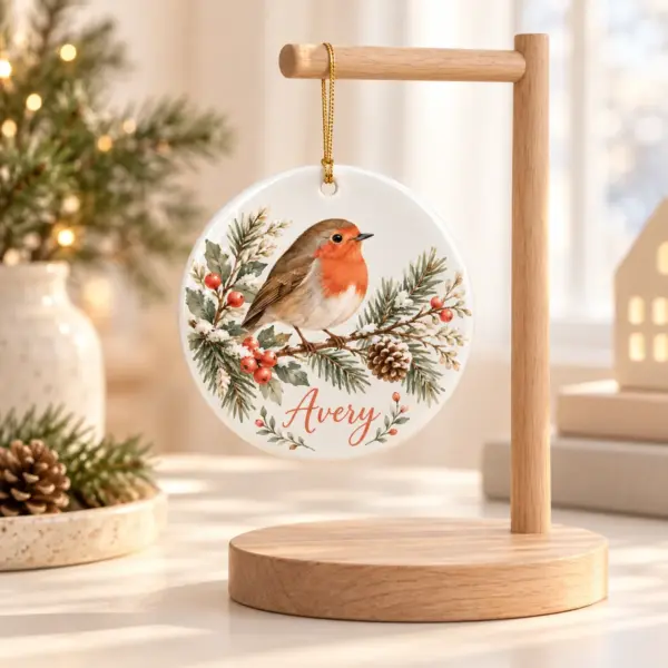 Holiday Robin Branch Personalized Round Ornament — lifestyle illustrative mockup