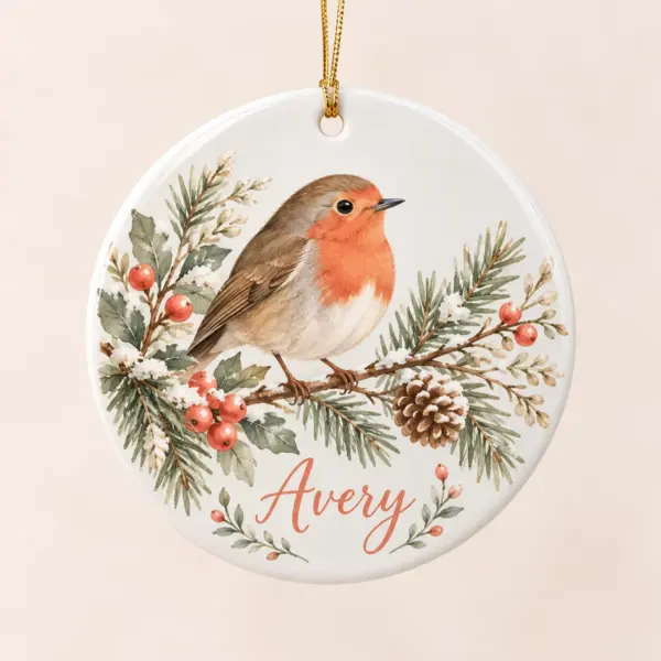 Holiday Robin Branch Personalized Round Ornament — main illustrative mockup