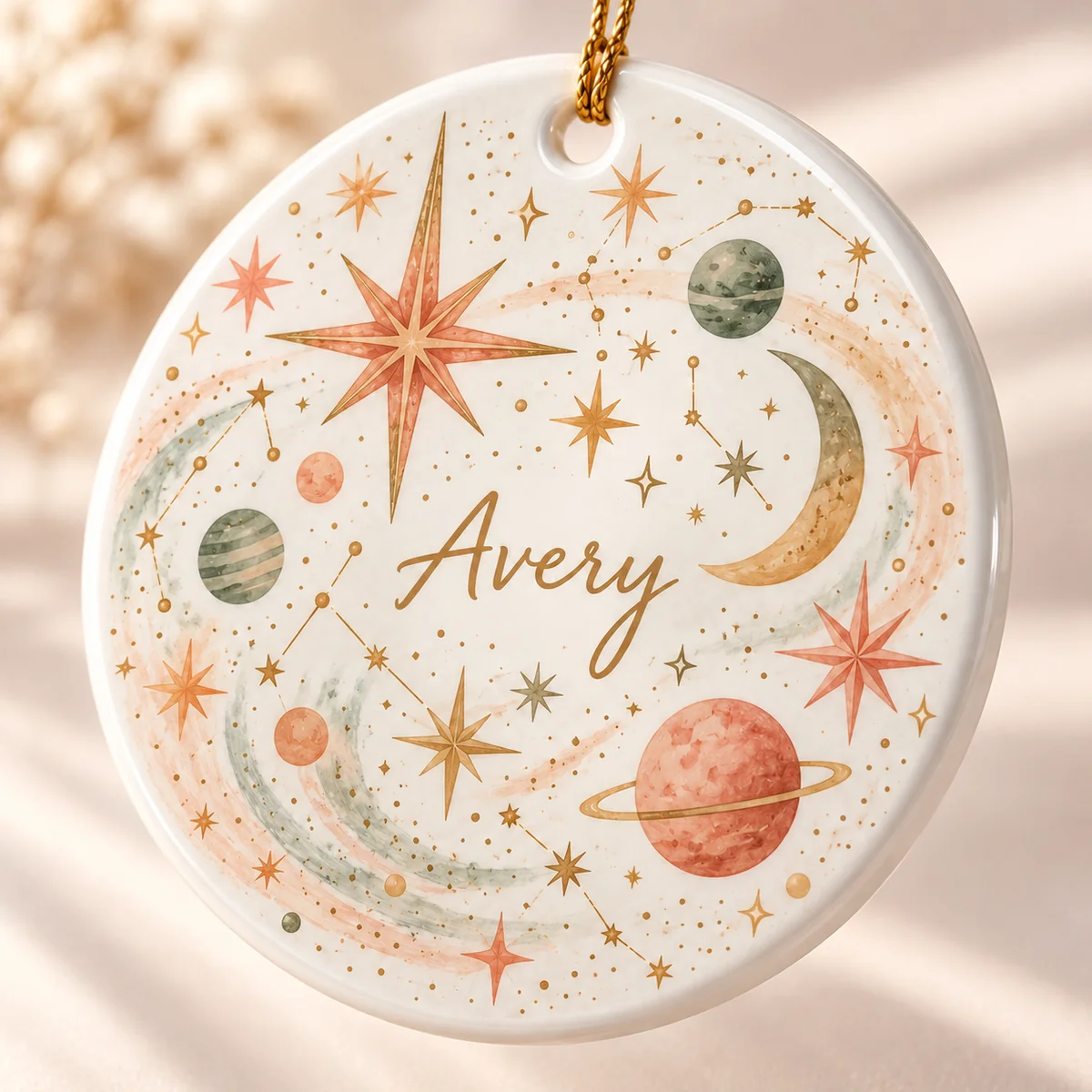 Friendship Star Cluster Personalized Round Ornament — detail illustrative mockup