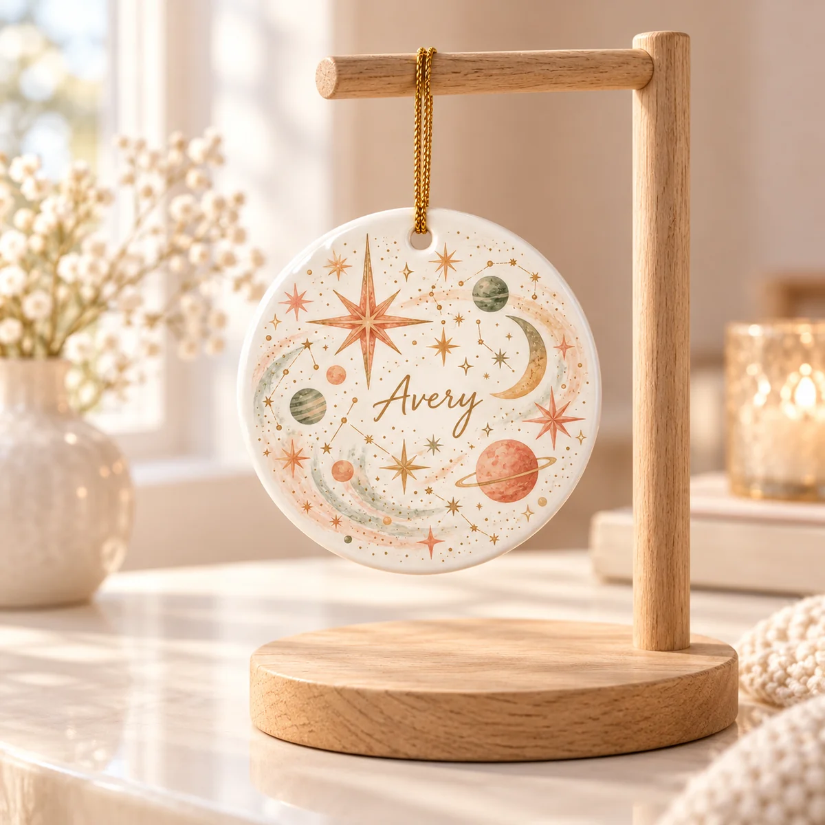 Friendship Star Cluster Personalized Round Ornament — lifestyle illustrative mockup