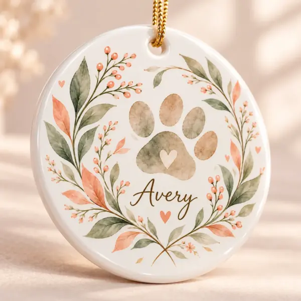 Pet Remembrance Leaf Personalized Round Ornament — detail illustrative mockup