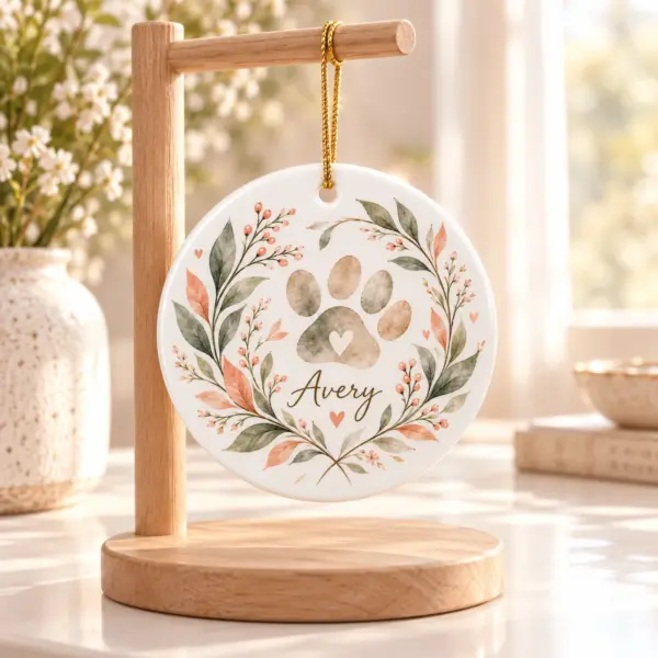 Pet Remembrance Leaf Personalized Round Ornament — lifestyle illustrative mockup