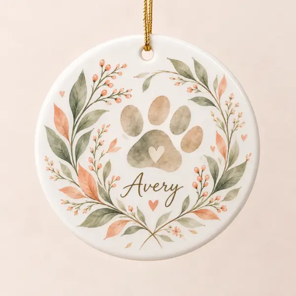 Pet Remembrance Leaf Personalized Round Ornament — main illustrative mockup