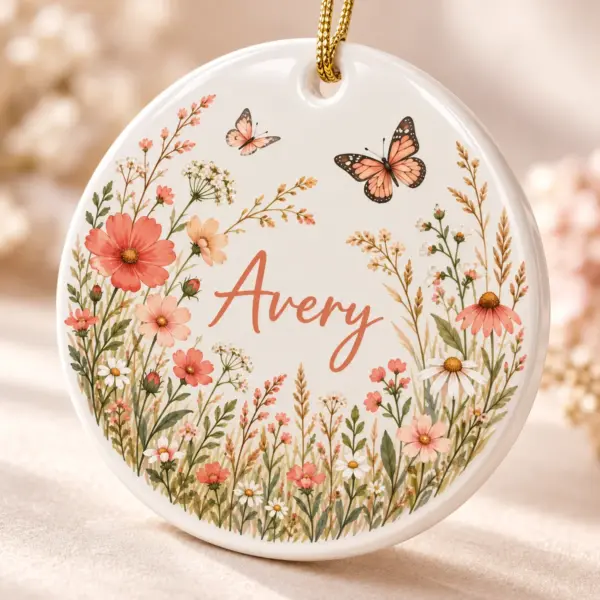 Birthday Meadow Circle Personalized Round Ornament — detail illustrative mockup