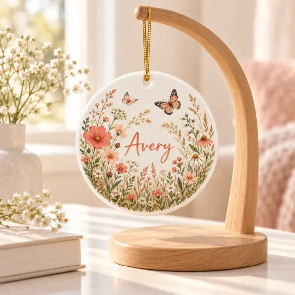 Birthday Meadow Circle Personalized Round Ornament — lifestyle illustrative mockup