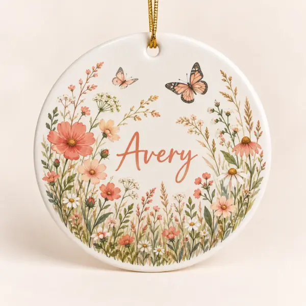 Birthday Meadow Circle Personalized Round Ornament — main illustrative mockup